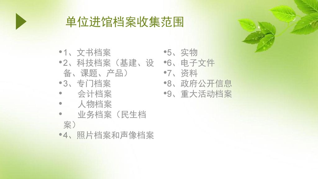 单位进馆档案收集范围 1、文书档案 2、科技档案（基建、设备、课题、产品） 3、专门档案 会计档案 人物档案 业务档案（民生档案）