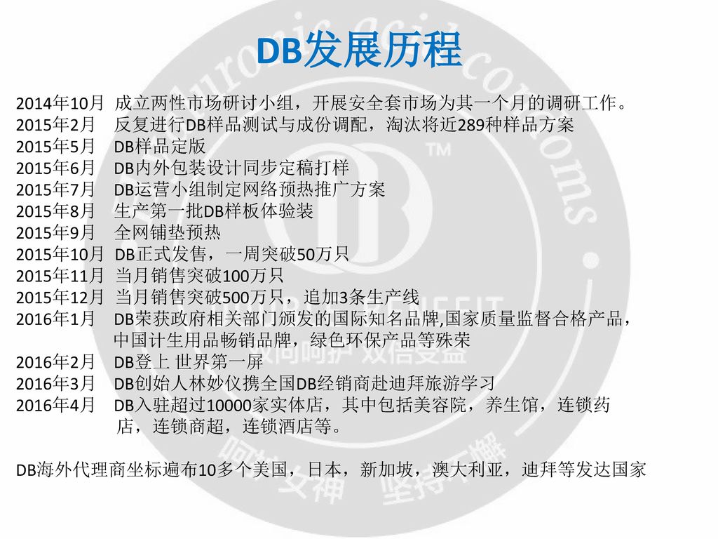 DB发展历程 2014年10月 成立两性市场研讨小组，开展安全套市场为其一个月的调研工作。