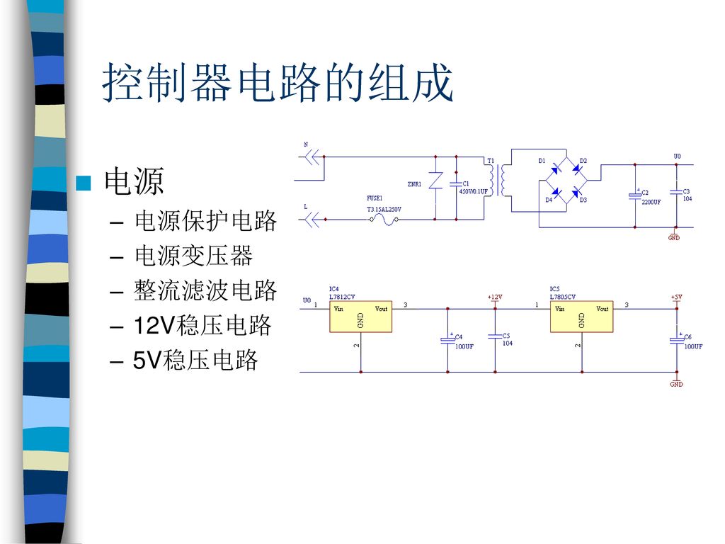 控制器电路的组成 电源 电源保护电路 电源变压器 整流滤波电路 12V稳压电路 5V稳压电路 电源电路的具体构成如下：