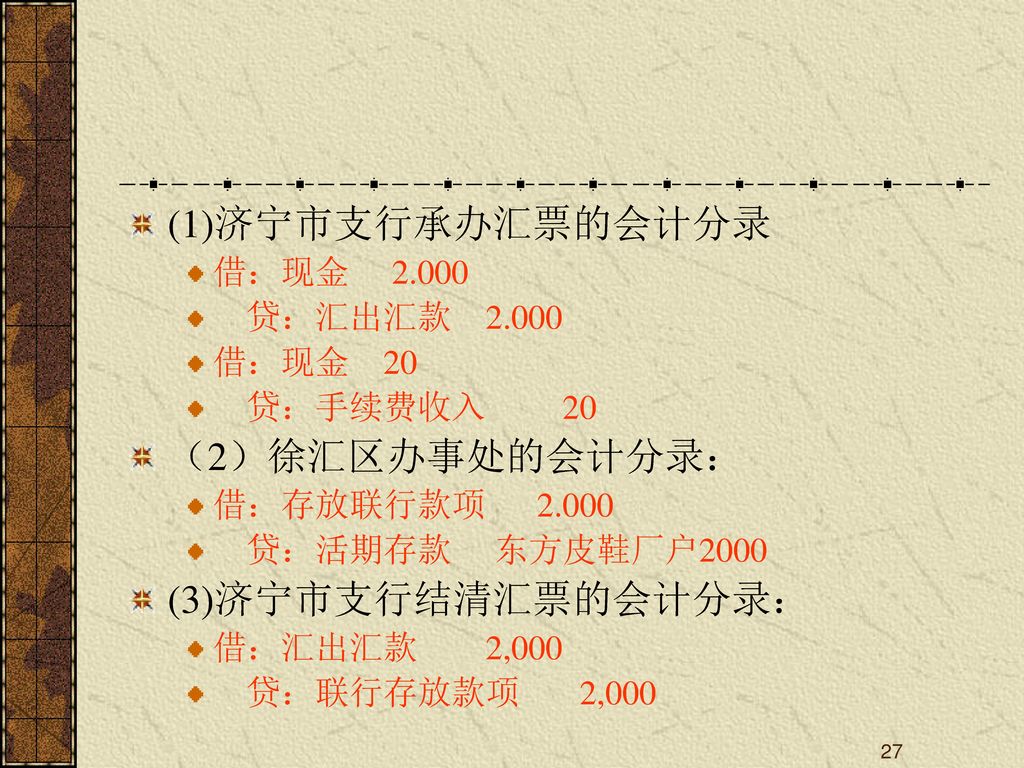 (1)济宁市支行承办汇票的会计分录 （2）徐汇区办事处的会计分录： (3)济宁市支行结清汇票的会计分录： 借：现金 2.000