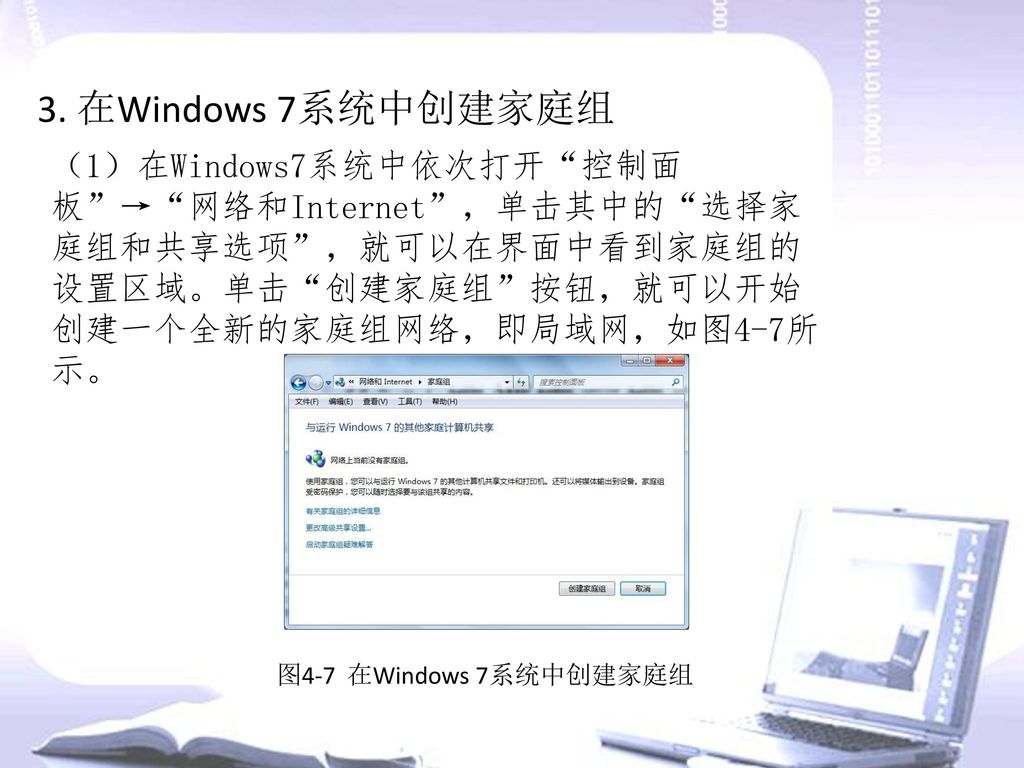 3. 在Windows 7系统中创建家庭组 （1）在Windows7系统中依次打开 控制面板 → 网络和Internet ，单击其中的 选择家庭组和共享选项 ，就可以在界面中看到家庭组的设置区域。单击 创建家庭组 按钮，就可以开始创建一个全新的家庭组网络，即局域网，如图4-7所示。