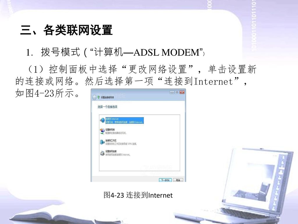 三、各类联网设置 1．拨号模式（ 计算机—ADSL MODEM ）