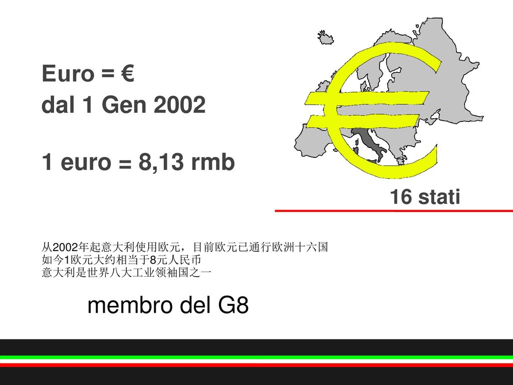 Euro = € dal 1 Gen euro = 8,13 rmb membro del G8 16 stati