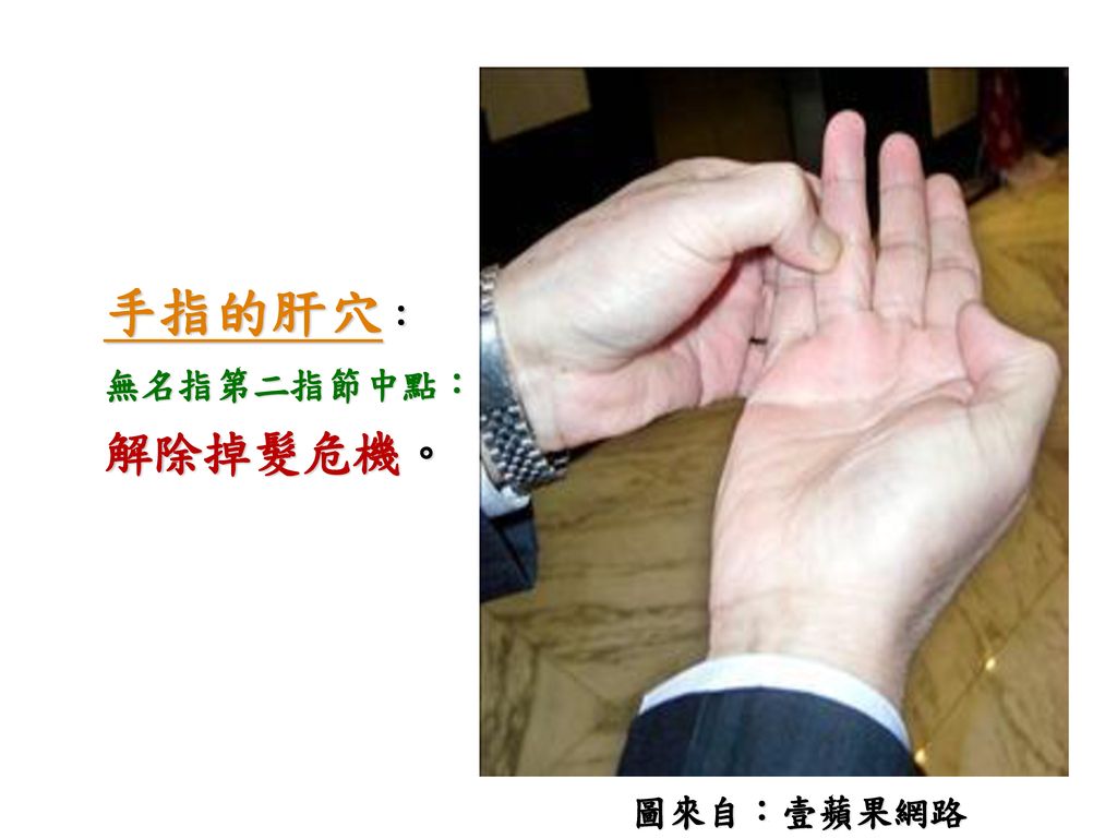 手指的肝穴： 無名指第二指節中點： 解除掉髮危機。 圖來自：壹蘋果網路