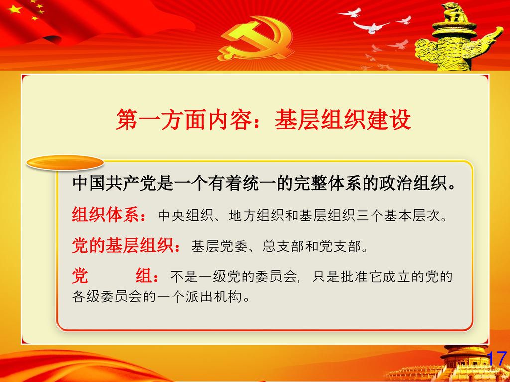 第一方面内容：基层组织建设 17 中国共产党是一个有着统一的完整体系的政治组织。 组织体系：中央组织、地方组织和基层组织三个基本层次。