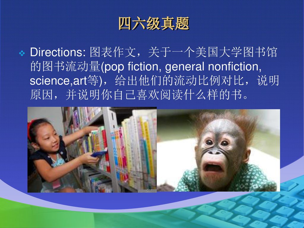 四六级真题 Directions: 图表作文，关于一个美国大学图书馆的图书流动量(pop fiction, general nonfiction, science,art等)，给出他们的流动比例对比，说明原因，并说明你自己喜欢阅读什么样的书。