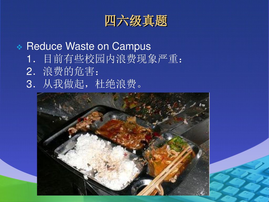 四六级真题 Reduce Waste on Campus 1．目前有些校园内浪费现象严重： 2．浪费的危害： 3．从我做起，杜绝浪费。