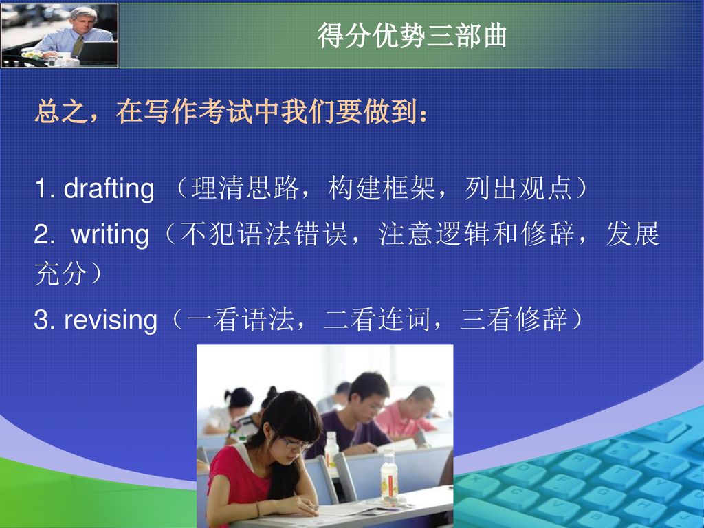 得分优势三部曲 总之，在写作考试中我们要做到： 1. drafting （理清思路，构建框架，列出观点） 2.