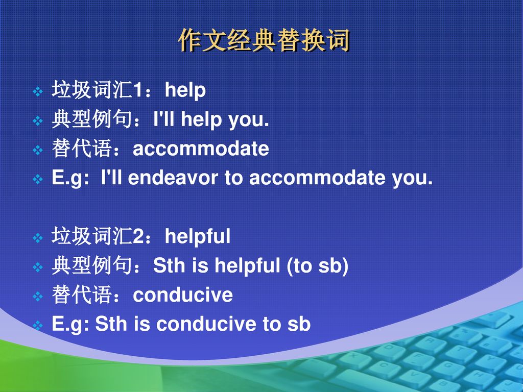 作文经典替换词 垃圾词汇1：help 典型例句：I ll help you. 替代语：accommodate