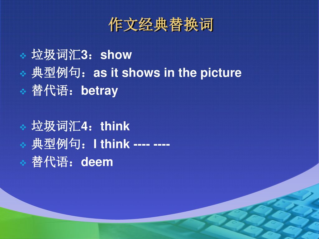 作文经典替换词 垃圾词汇3：show 典型例句：as it shows in the picture 替代语：betray