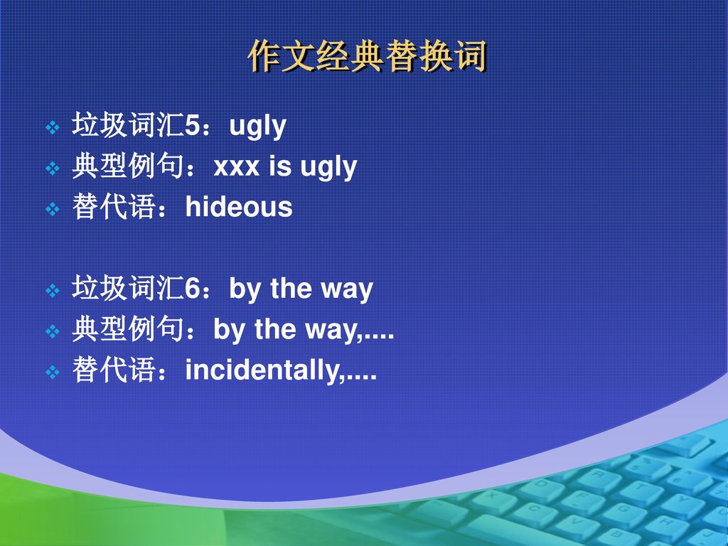 作文经典替换词 垃圾词汇5：ugly 典型例句：xxx is ugly 替代语：hideous 垃圾词汇6：by the way