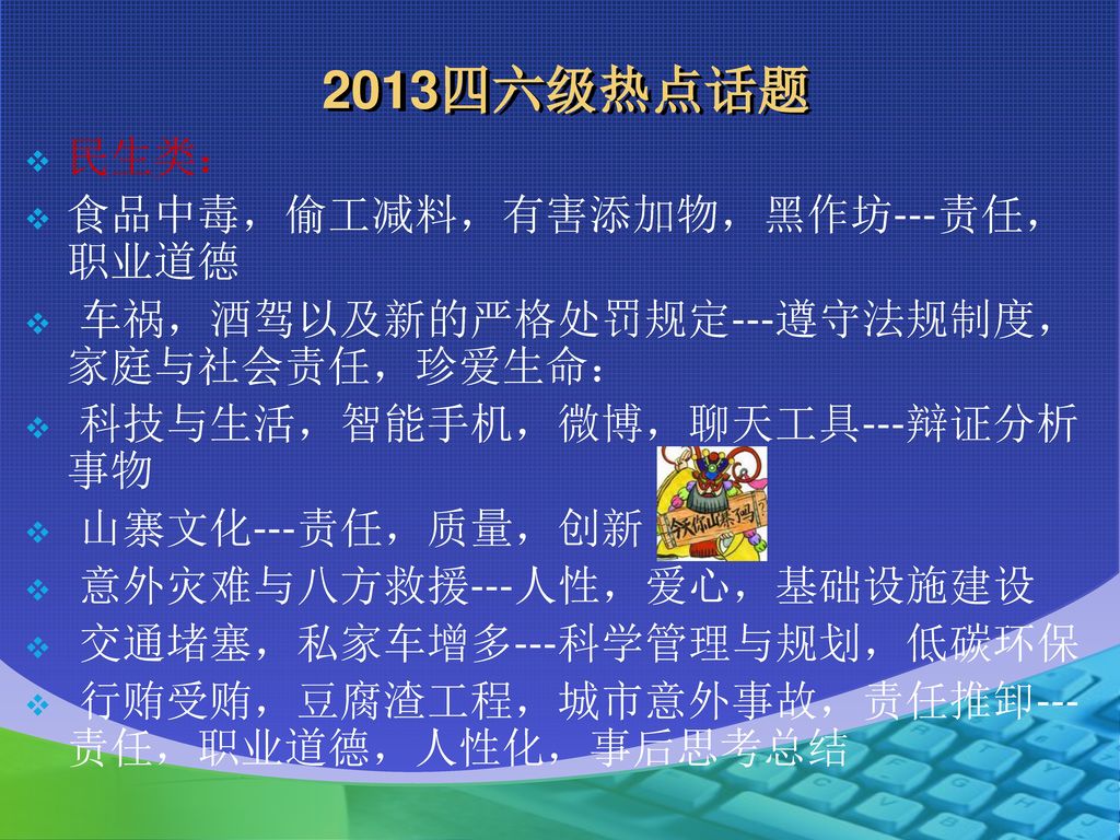 2013四六级热点话题 民生类： 食品中毒，偷工减料，有害添加物，黑作坊---责任，职业道德