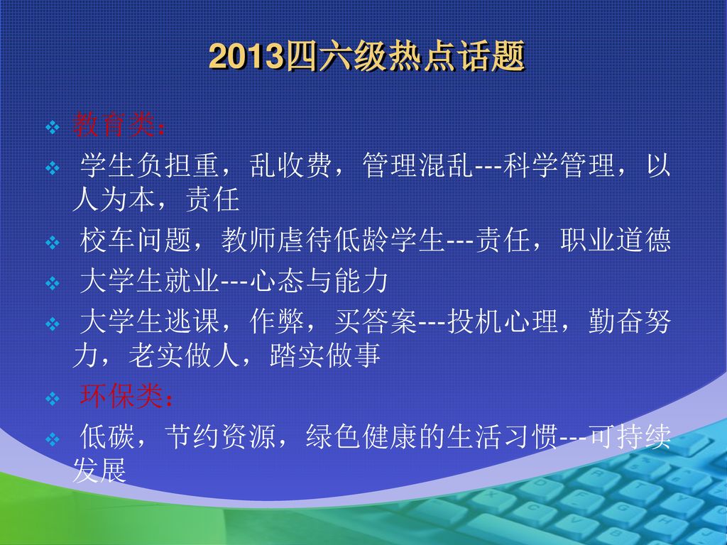 2013四六级热点话题 教育类： 学生负担重，乱收费，管理混乱---科学管理，以人为本，责任 校车问题，教师虐待低龄学生---责任，职业道德