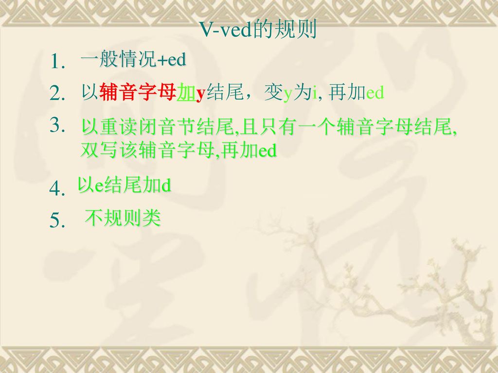 V-ved的规则 一般情况+ed 以辅音字母加y结尾，变y为i, 再加ed