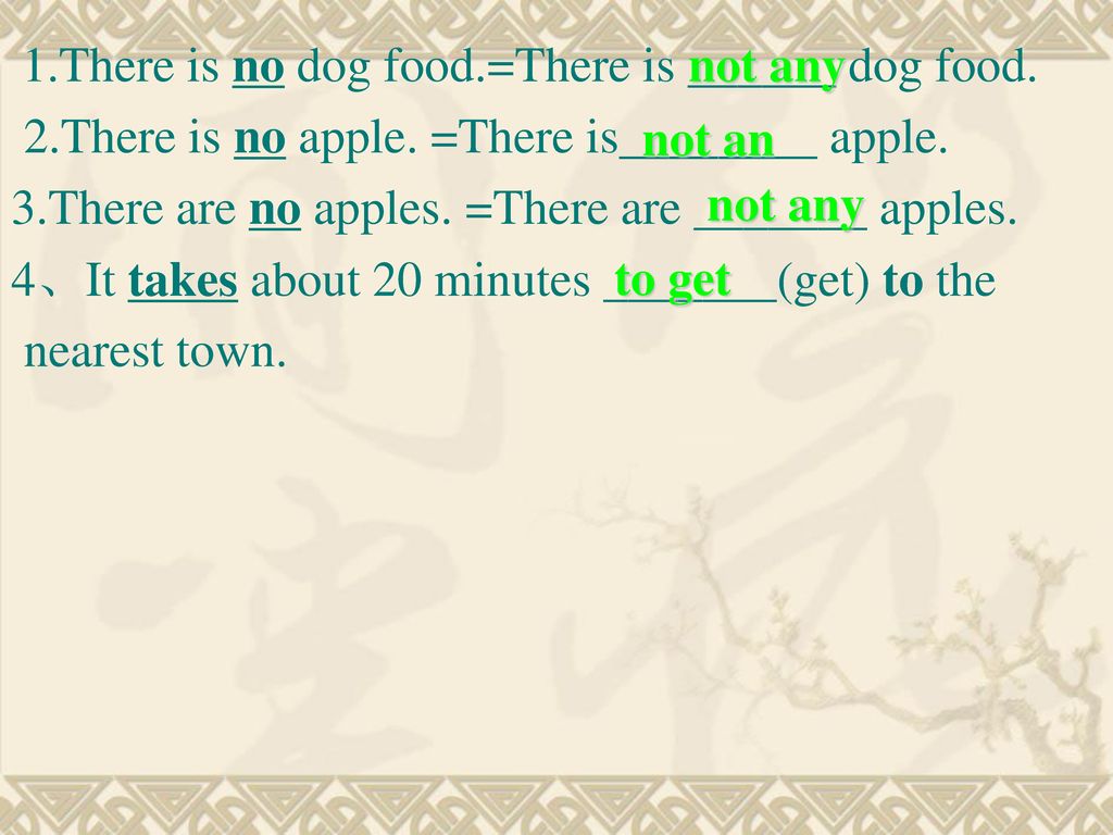 2.There is no apple. =There is________ apple.