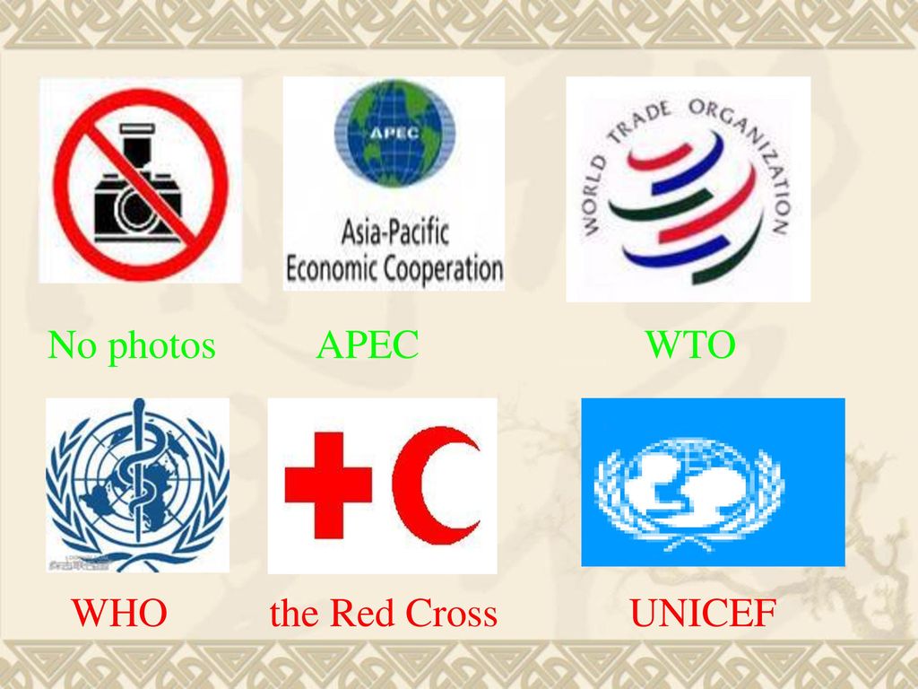 No photos APEC WTO WHO the Red Cross UNICEF