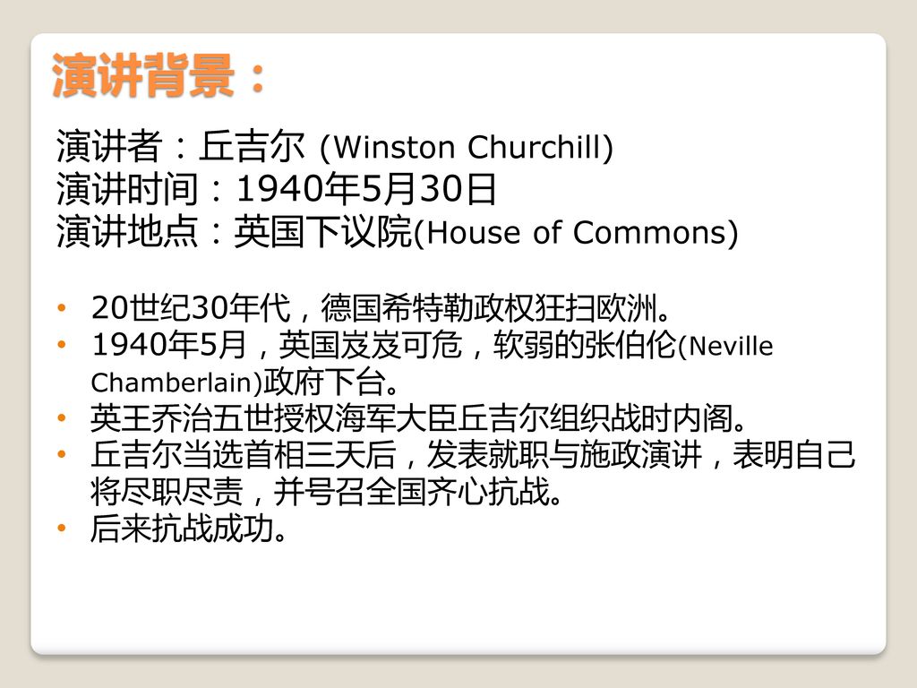 演讲背景： 演讲者：丘吉尔 (Winston Churchill) 演讲时间：1940年5月30日