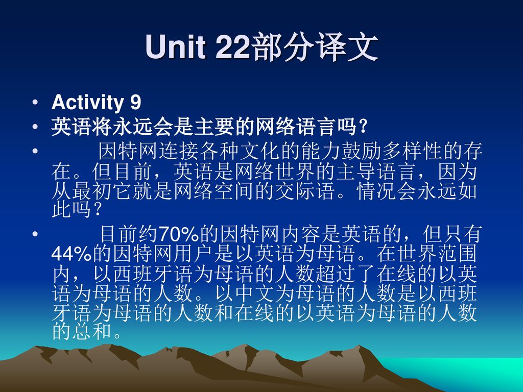 Unit 22部分译文 Activity 9 英语将永远会是主要的网络语言吗？