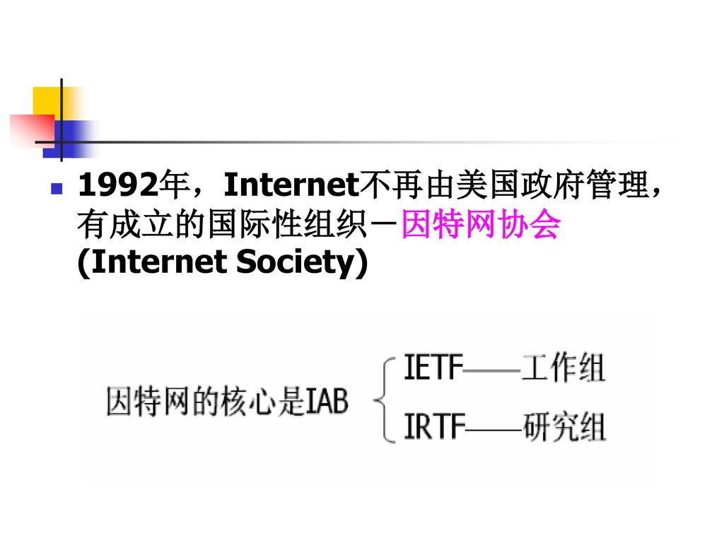 1992年，Internet不再由美国政府管理，有成立的国际性组织－因特网协会(Internet Society)