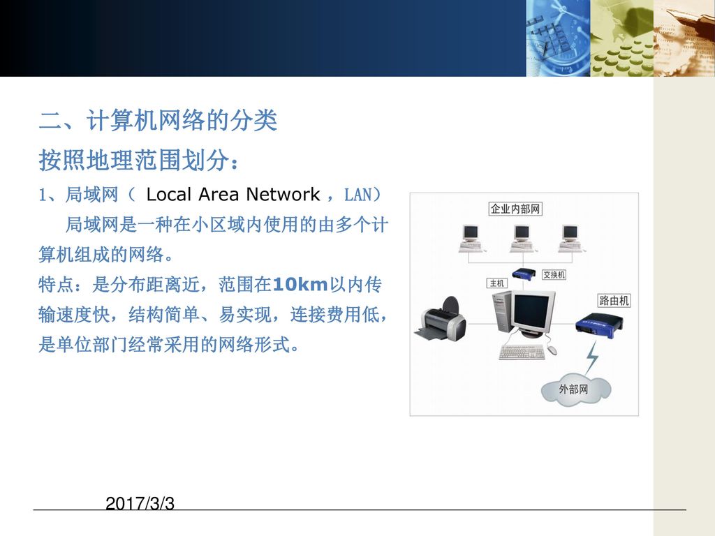 二、计算机网络的分类 按照地理范围划分： 1、局域网（ Local Area Network ，LAN）