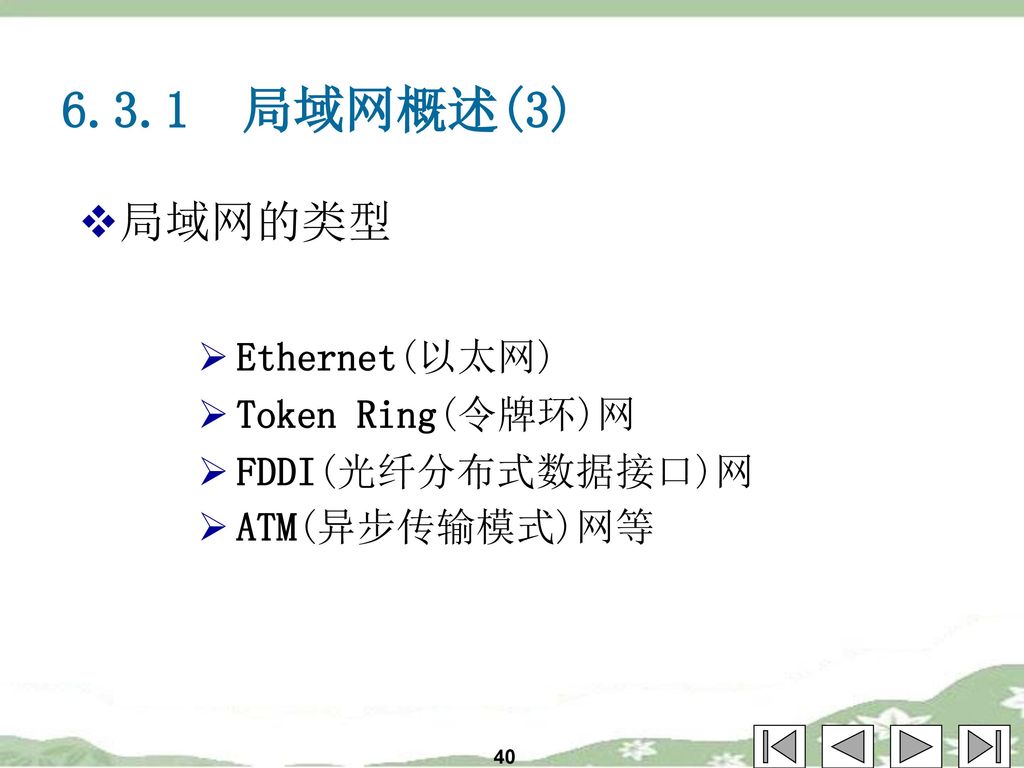 6.3.1 局域网概述(3) 局域网的类型 Ethernet(以太网) Token Ring(令牌环)网 FDDI(光纤分布式数据接口)网