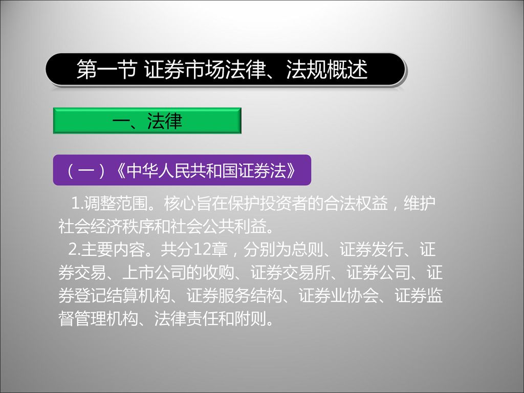 第一节 证券市场法律、法规概述 一、法律 （一）《中华人民共和国证券法》