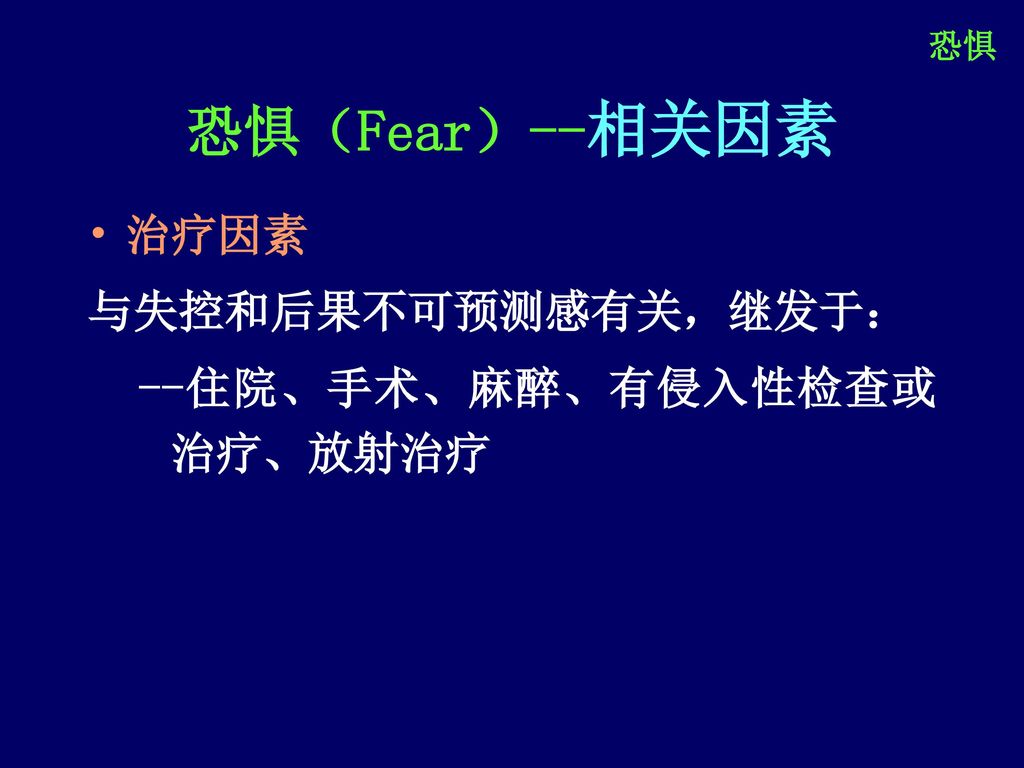 恐惧 恐惧（Fear）--相关因素 治疗因素 与失控和后果不可预测感有关，继发于： --住院、手术、麻醉、有侵入性检查或治疗、放射治疗