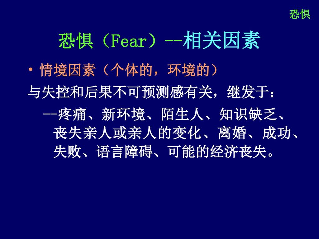恐惧（Fear）--相关因素 情境因素（个体的，环境的） 与失控和后果不可预测感有关，继发于：