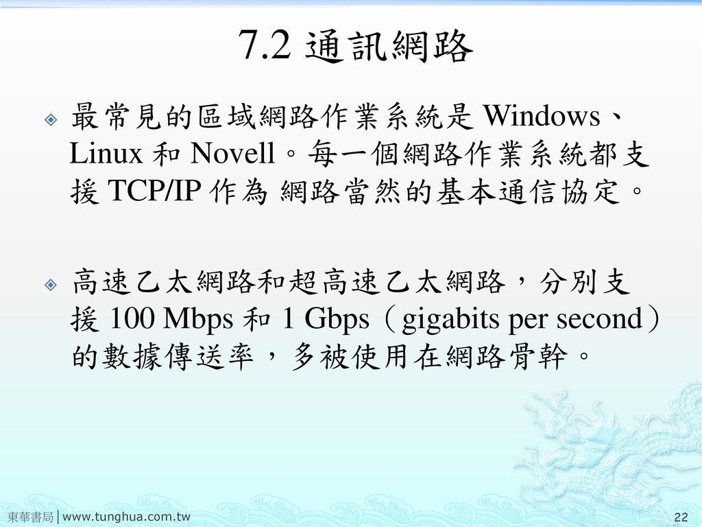 7.2 通訊網路 最常見的區域網路作業系統是 Windows、Linux 和 Novell。每一個網路作業系統都支援 TCP/IP 作為 網路當然的基本通信協定。
