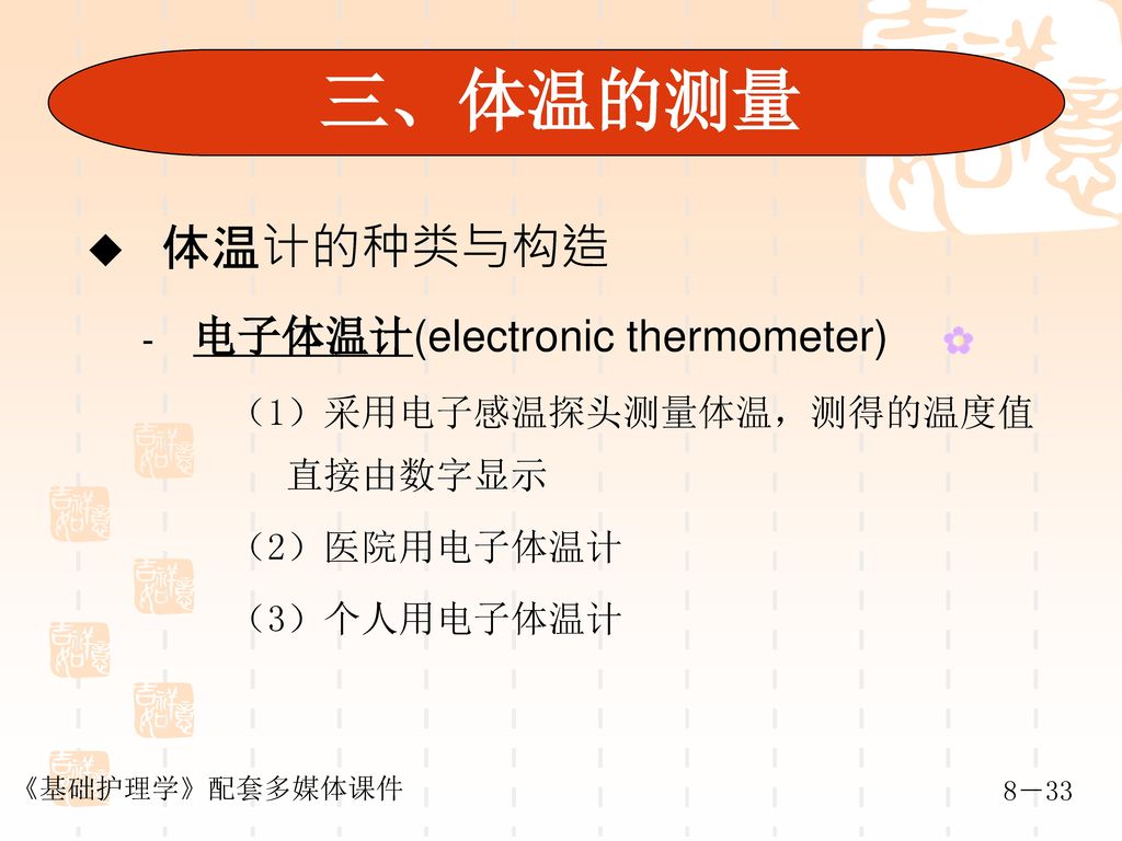 三、体温的测量 体温计的种类与构造 电子体温计(electronic thermometer)