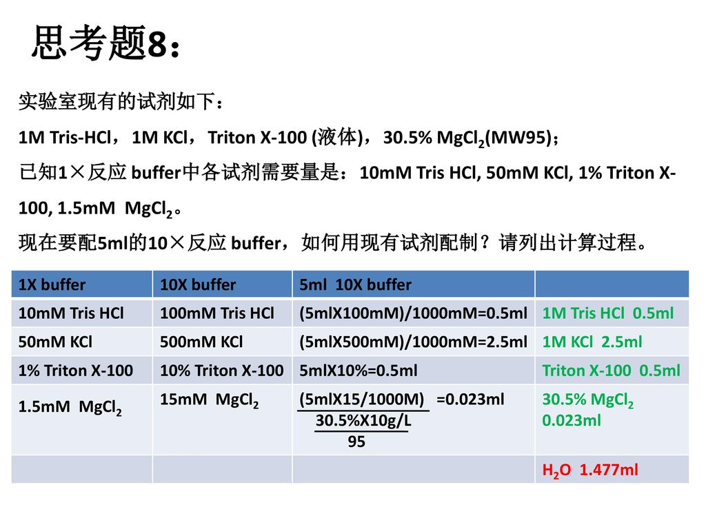 思考题8： 实验室现有的试剂如下： 1M Tris-HCl，1M KCl，Triton X-100 (液体)，30.5% MgCl2(MW95)；
