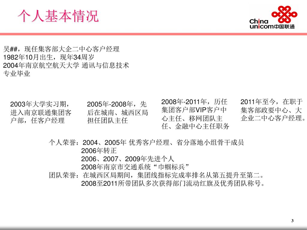 个人基本情况 吴##，现任集客部大企二中心客户经理 1982年10月出生，现年34周岁 2004年南京航空航天大学 通讯与信息技术专业毕业