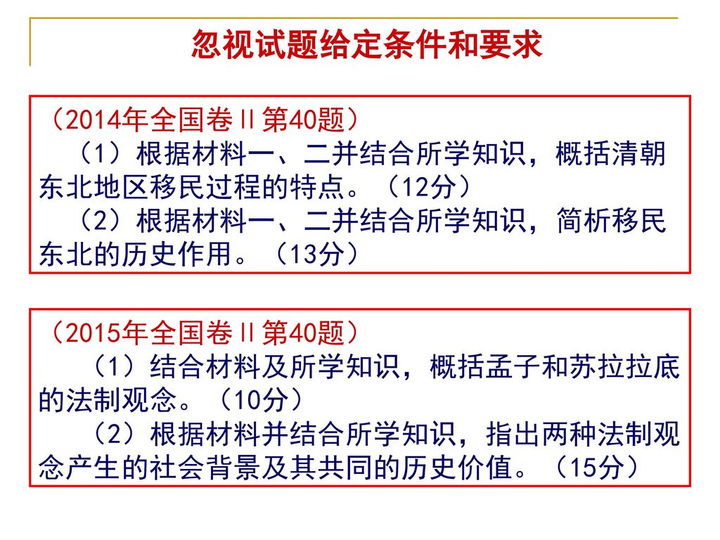 忽视试题给定条件和要求 （2014年全国卷Ⅱ第40题） （1）根据材料一、二并结合所学知识，概括清朝东北地区移民过程的特点。（12分）