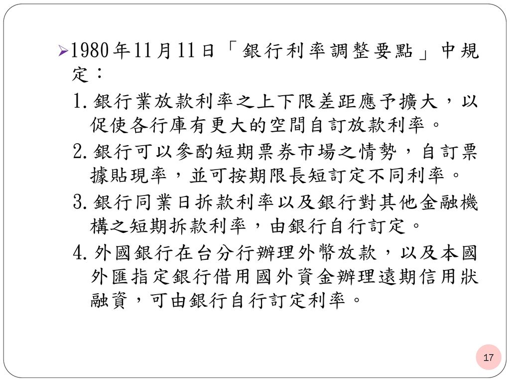 1989年7月19日「銀行法」部份條文修正 通過，台灣中央銀行自該日起不再核定各 種放款利率上下限。