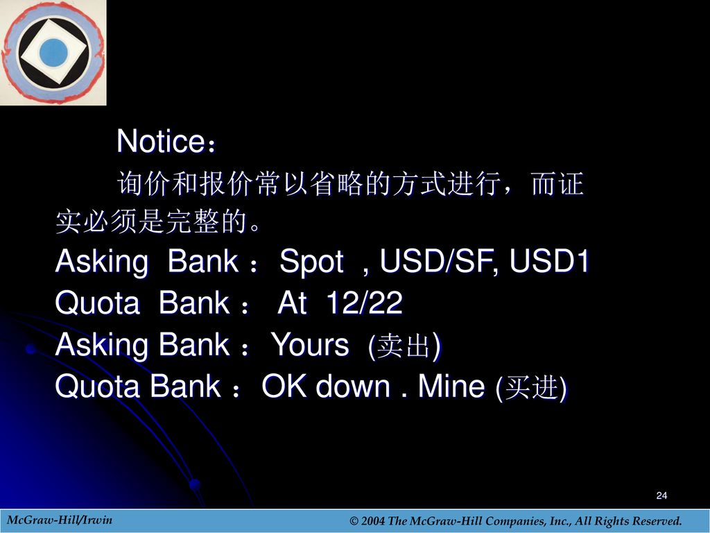Asking Bank ：Spot , USD/SF, USD1 Quota Bank ： At 12/22
