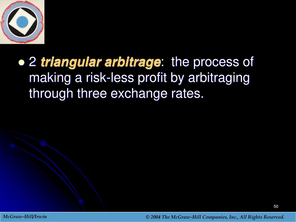 2 triangular arbitrage: the process of making a risk-less profit by arbitraging through three exchange rates.