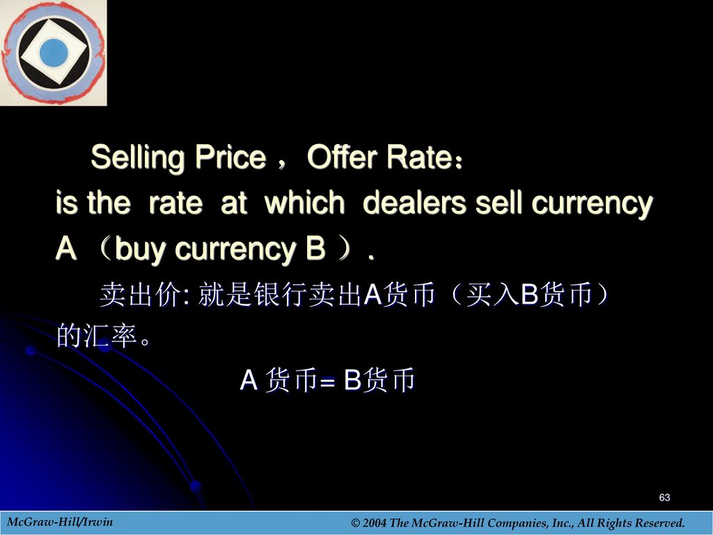 Selling Price ，Offer Rate： is the rate at which dealers sell currency