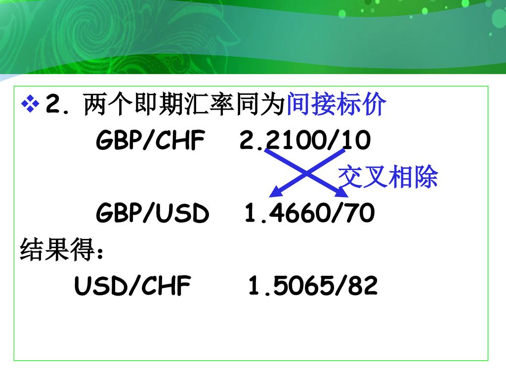 2. 两个即期汇率同为间接标价 GBP/CHF /10 交叉相除 GBP/USD /70 结果得： USD/CHF /82