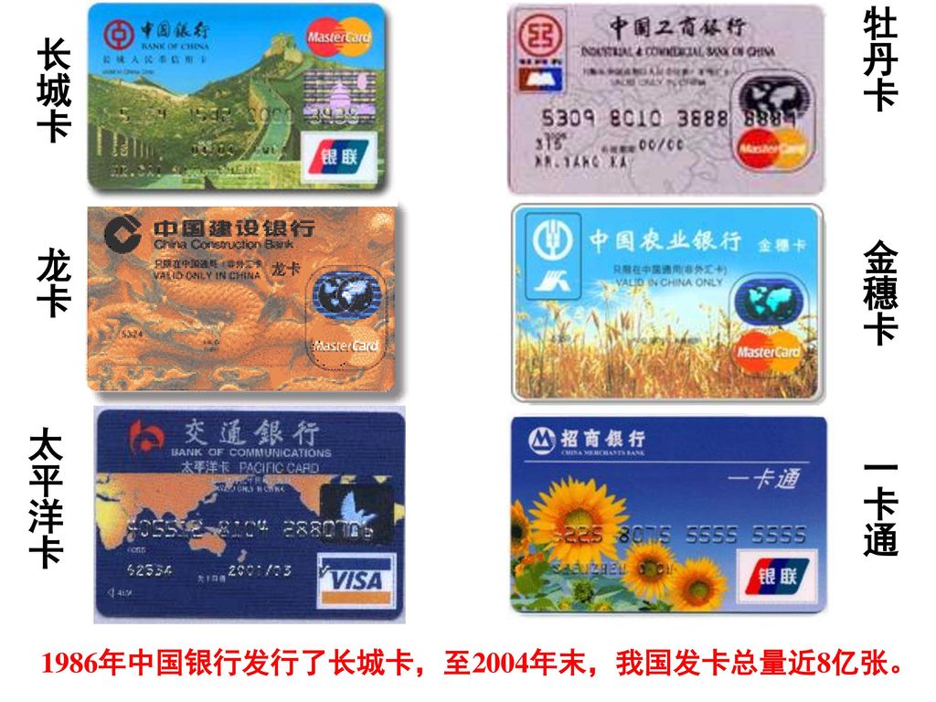 牡丹卡 长城卡 金穗卡 龙卡 太平洋卡 一卡通 1986年中国银行发行了长城卡，至2004年末，我国发卡总量近8亿张。