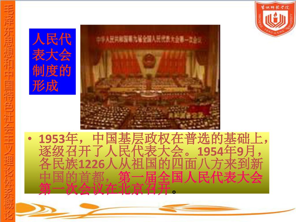 人民代表大会制度的形成 1953年，中国基层政权在普选的基础上，逐级召开了人民代表大会。1954年9月，各民族1226人从祖国的四面八方来到新中国的首都，第一届全国人民代表大会第一次会议在北京召开。
