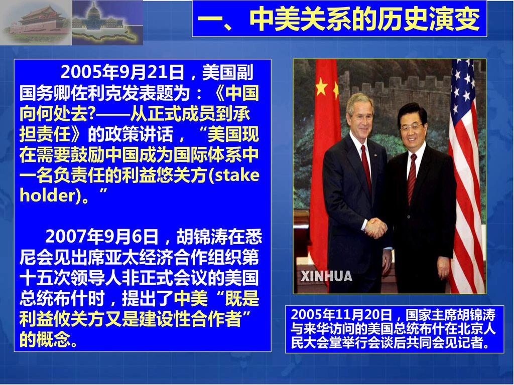 一、中美关系的历史演变 2005年9月21日，美国副国务卿佐利克发表题为：《中国向何处去 ——从正式成员到承担责任》的政策讲话， 美国现在需要鼓励中国成为国际体系中一名负责任的利益悠关方(stake holder)。