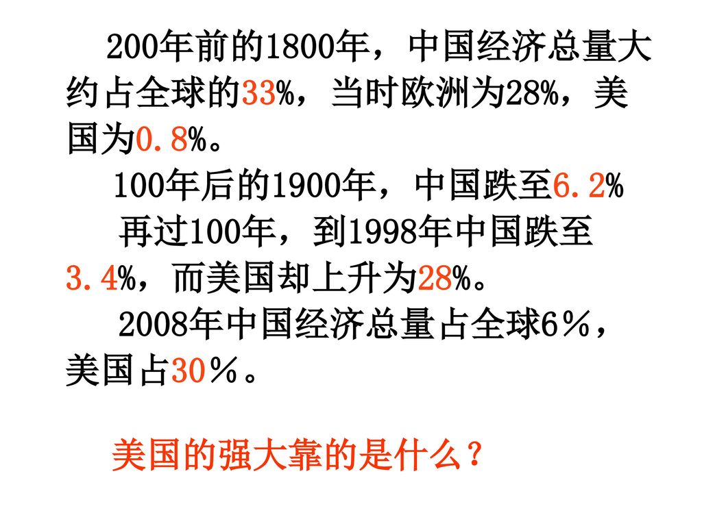200年前的1800年，中国经济总量大约占全球的33%，当时欧洲为28%，美国为0. 8%。 100年后的1900年，中国跌至6