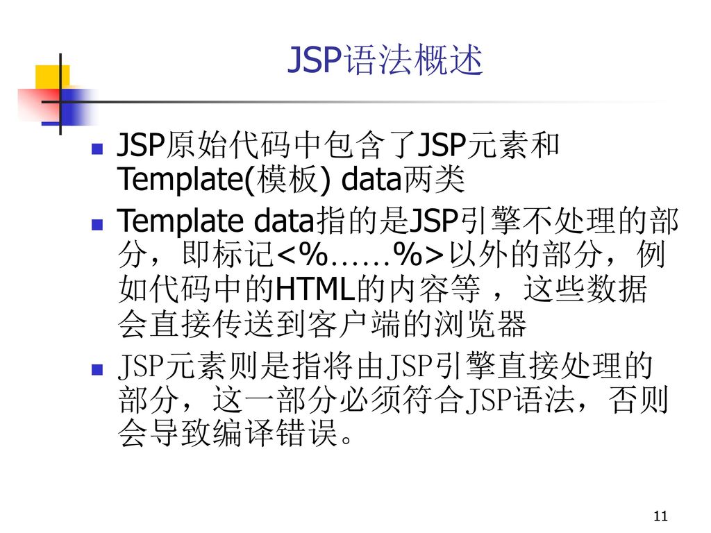 JSP语法概述 JSP原始代码中包含了JSP元素和Template(模板) data两类