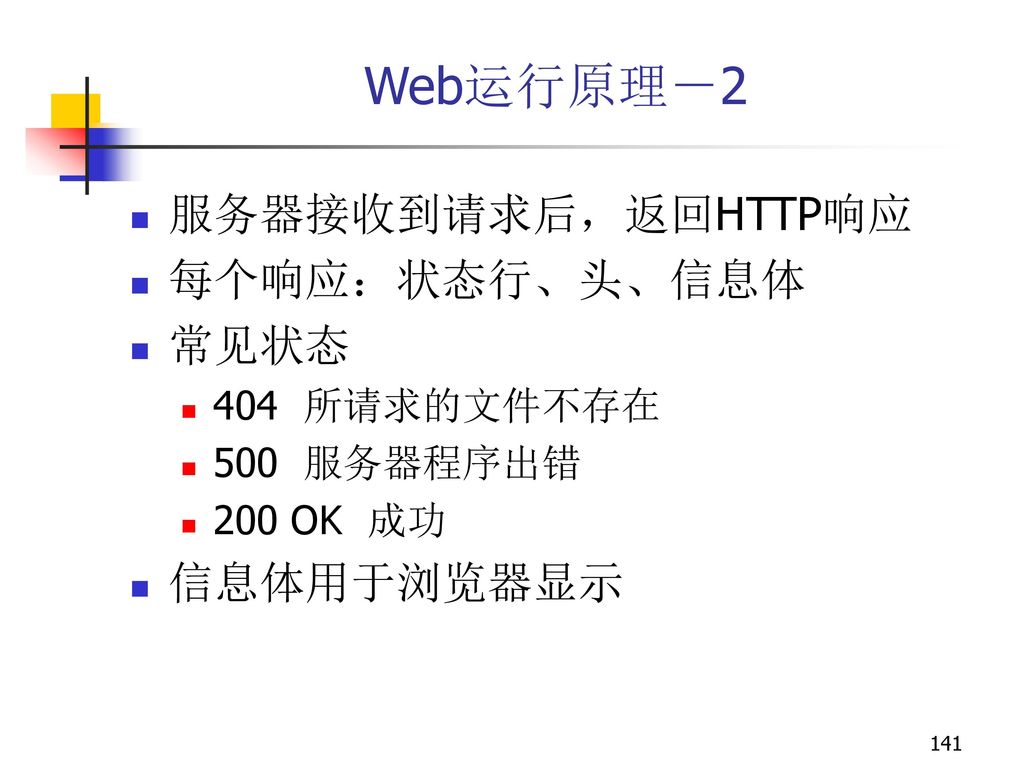 Web运行原理－2 服务器接收到请求后，返回HTTP响应 每个响应：状态行、头、信息体 常见状态 信息体用于浏览器显示