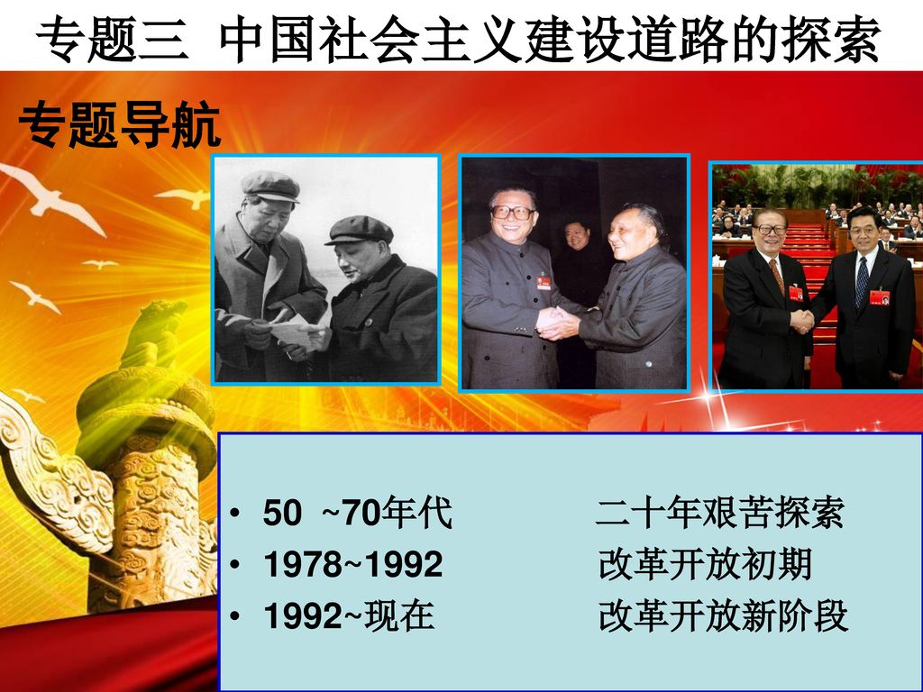 专题三 中国社会主义建设道路的探索 专题导航 50 ~70年代 二十年艰苦探索 1978~1992 改革开放初期