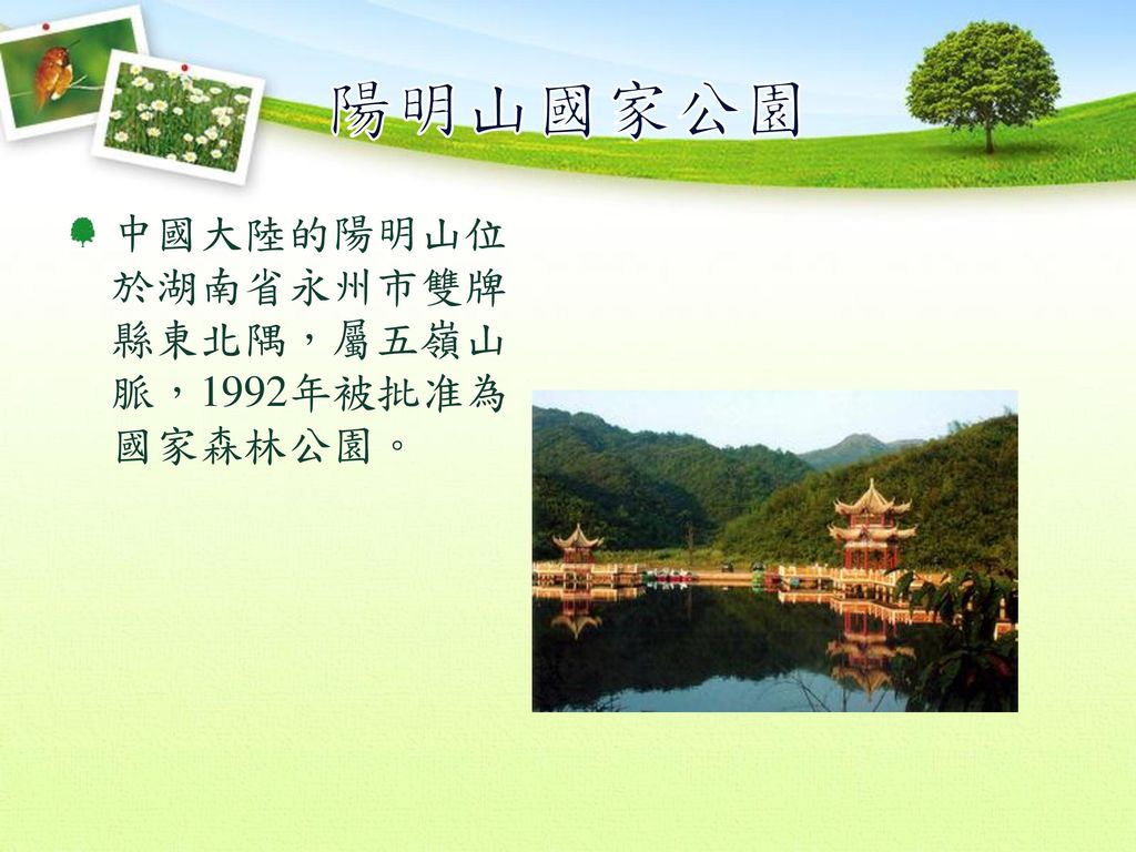 陽明山國家公園 中國大陸的陽明山位於湖南省永州市雙牌縣東北隅，屬五嶺山脈，1992年被批准為國家森林公園。
