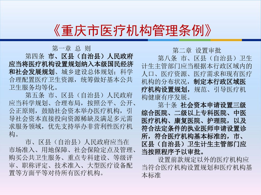 《重庆市医疗机构管理条例》 第一章 总 则 第二章 设置审批