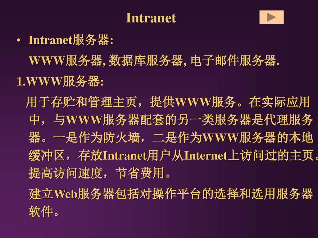 Intranet Intranet服务器: WWW服务器, 数据库服务器, 电子邮件服务器. 1.WWW服务器: