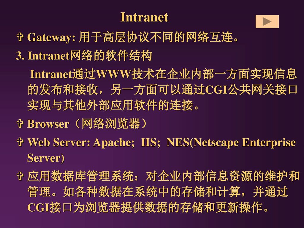 Intranet Gateway: 用于高层协议不同的网络互连。 3. Intranet网络的软件结构