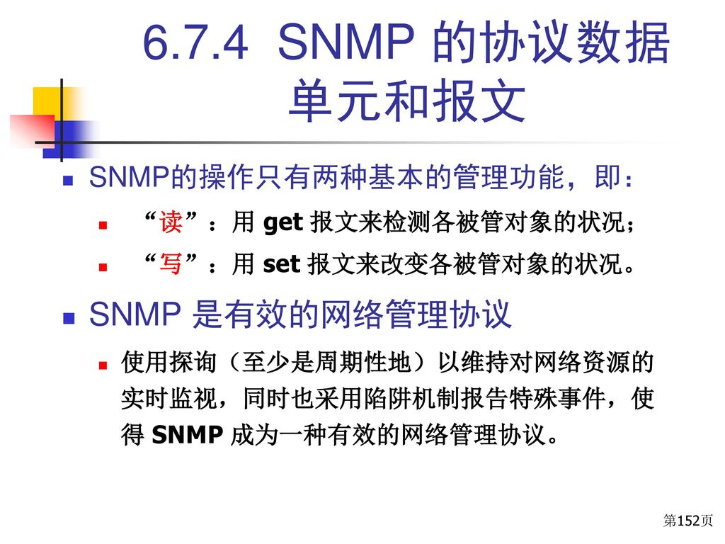 6.7.4 SNMP 的协议数据 单元和报文 SNMP 是有效的网络管理协议 SNMP的操作只有两种基本的管理功能，即：